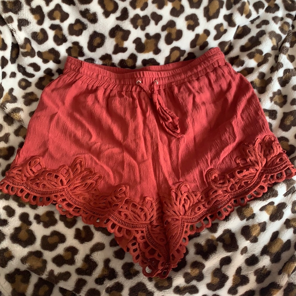 Cute Burnt Orange Shorts With thick Lace detail